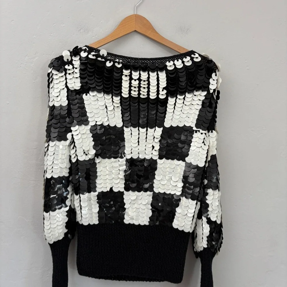 Vintage Sequin Sweater Women Size Small? Black White Checkered Hand Knit Wool - Picture 2 of 11